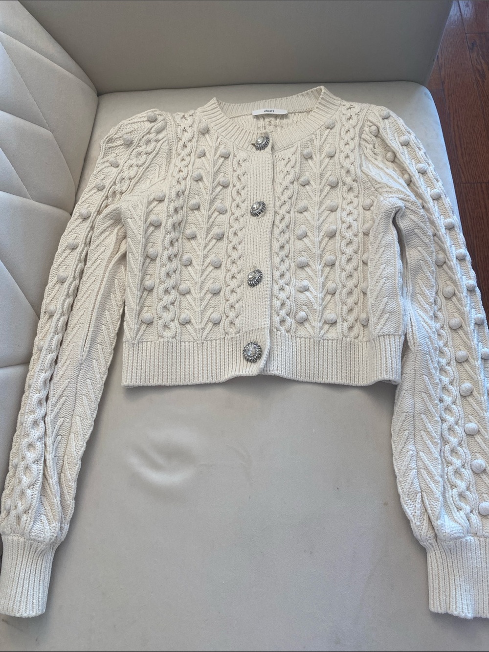 Cream Cable Knit Cardigan Sweater with Decorative Buttons